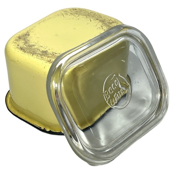 Vintage Beco Ware Refrigerator Dish Yellow Enamel Metal Black‎ Trim Glass Lid - Picture 8 of 13